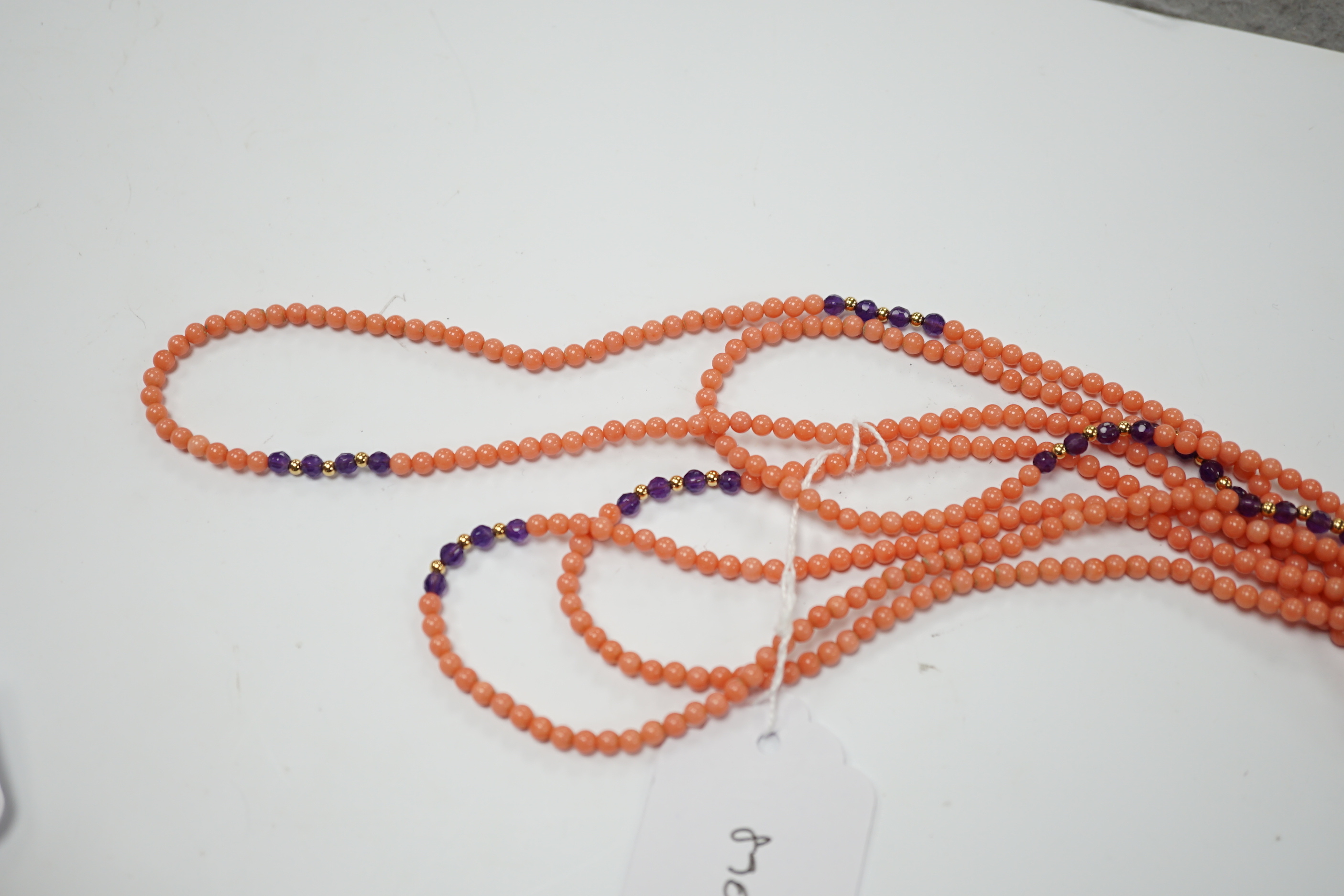 A coral, amethyst and gilt metal soutoir necklace